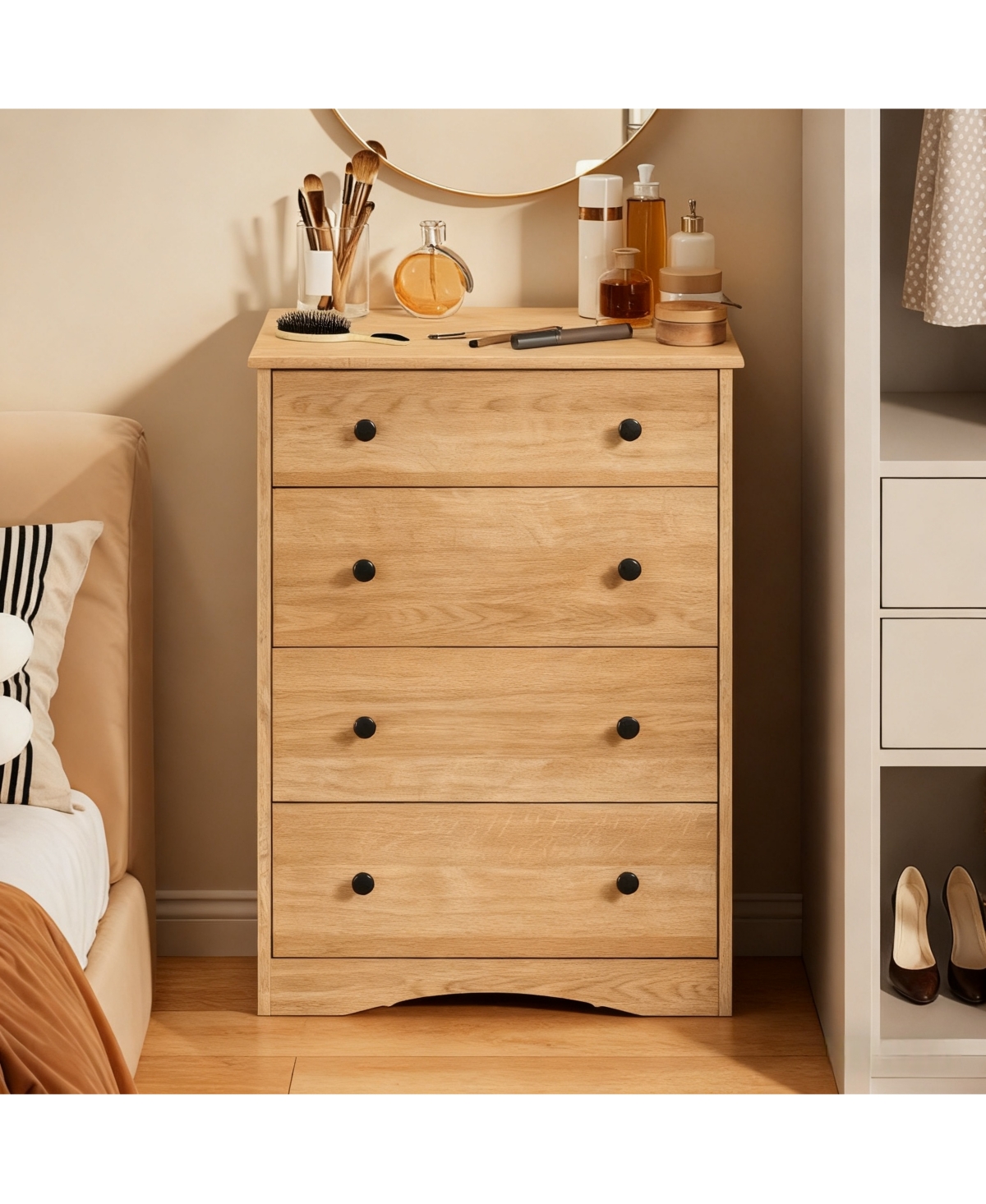 Airsurfer 4 Drawer Chest Brown Finish Modern Wood Dresser Storage Cabinet for Bedroom Living Room or Entryway