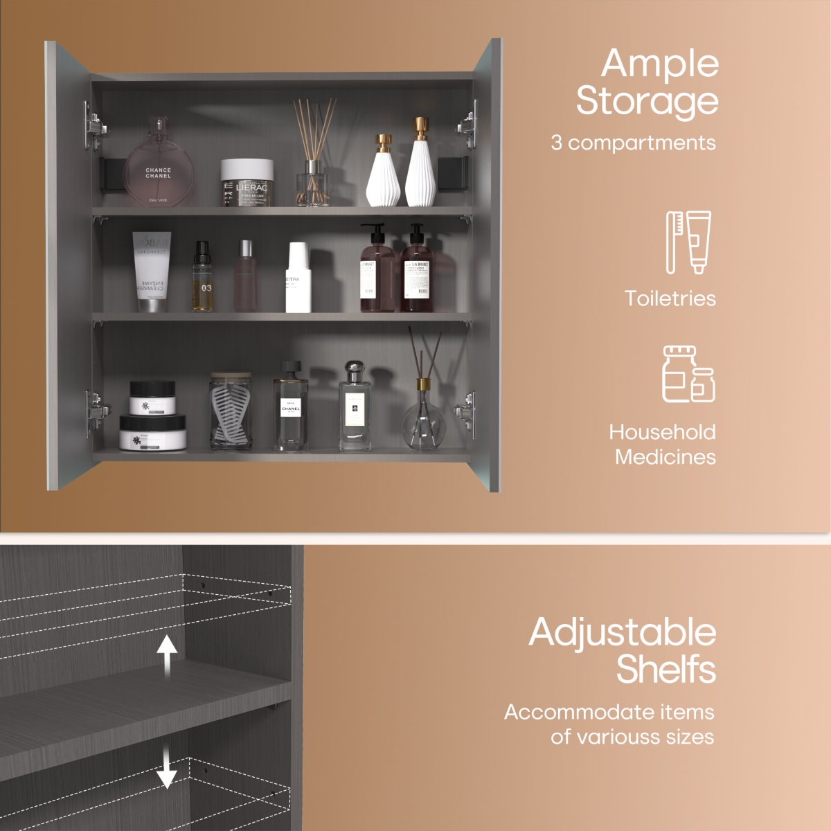 Hauschen Home 24x24 inch Bathroom Wall Cabinet, Saver Storage, Medicine Cabinet with 2 Door and Adjustable Shelves，Flat-Pack Design (Grey