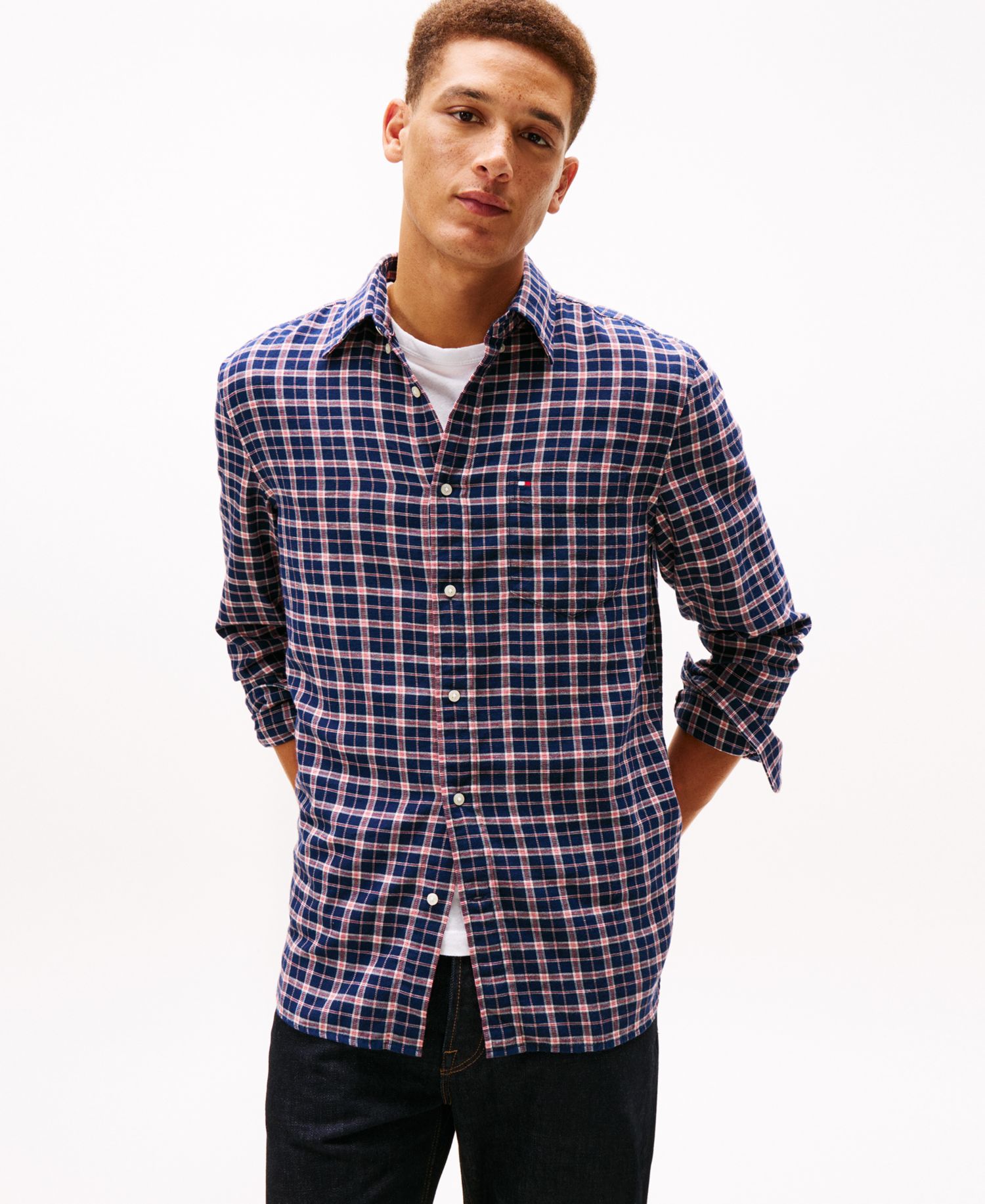 Men's Brushed Linen-Blend Medium Check Shirt
