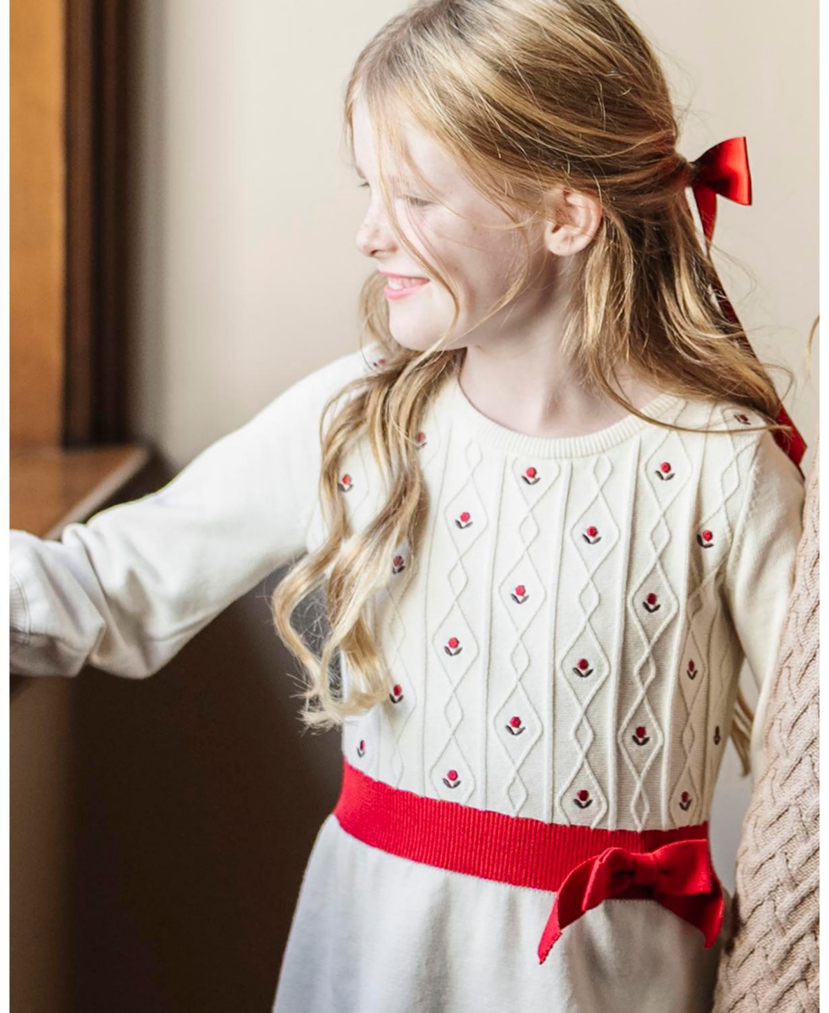 Hope & Henry Toddler Girls Organic Embroidered Skater Sweater Dress with Bow