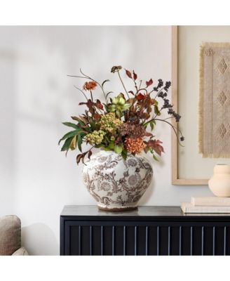 Brown Floral Wide-Mouth Waterproof Ceramic Vase, 8.66" Round Indoor Home Decor