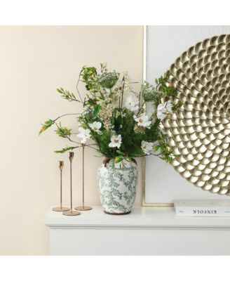 Green Floral Wide-Mouth Waterproof Ceramic Vase, 7.28" Round Indoor Home Decor