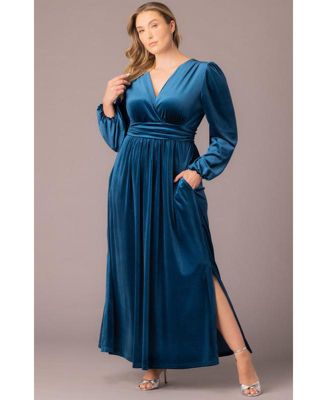 Plus Size Vivienne Long Sleeve Velvet Evening Gown with Pockets