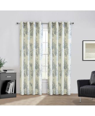 Lana Light Filtering Grommet Curtain Panel Two Tone Leaf Branches Bouquet Faux Linen Fabric Designed 50" x 84" Blue