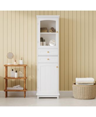 63 Inch Freestanding Bathroom Storage Cabinet with Glass Doors and Adjustable Shelves MDF Floor Cabinet for Bathroom