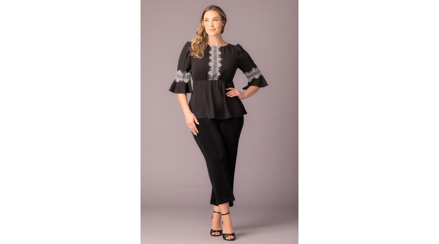 Женский топ Kiyonna Plus Size Chateau Lace Trim Peplum, цвет: Чёрный — фото 6