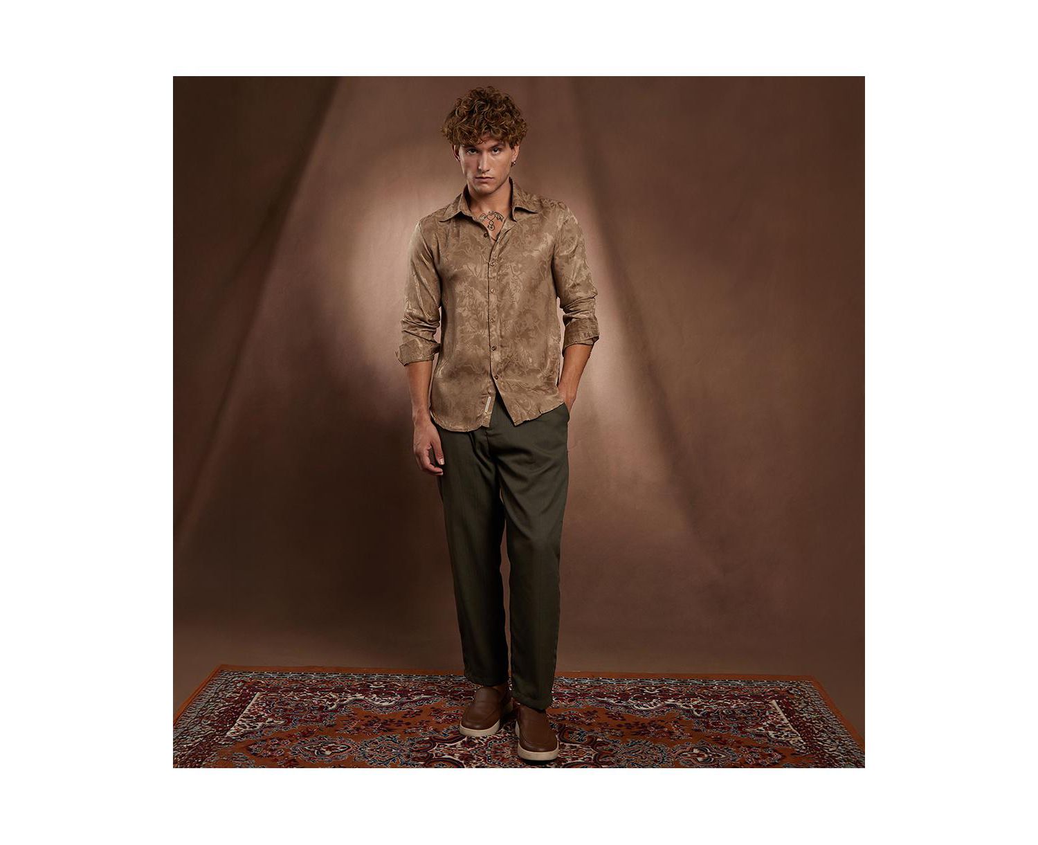 Men's Peanut Brown Flora-Textured Shirt