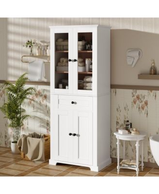 67.2" Bathroom Storage Cabinet with Tempered Glass Doors, Adjustable Shelves and Drawer