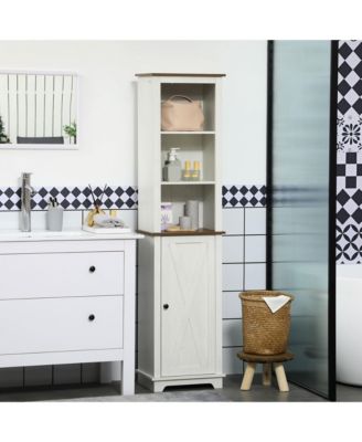 Bathroom Storage Cabinet with Triple Open Shelves Wooden Freestanding Linen Tower with Door and Adjustable Shelf White