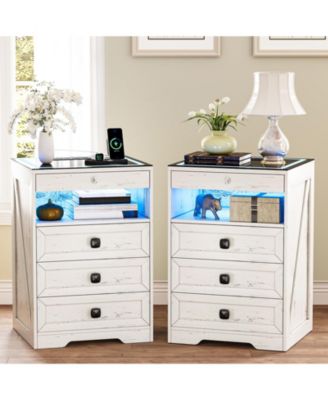 Smart LED Nightstand  Wood  3-Color Lights  Drawers & Charging Station