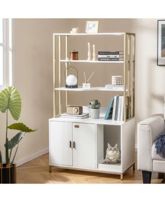 61'' Cat Litter Box Enclosure w/ Storage 3-tier Shelves Side Entrance