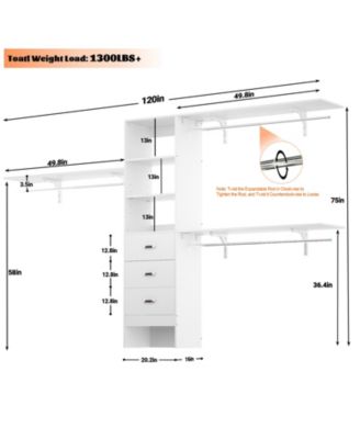 120'' Heavy Duty Closet Organizer System with 3 Wooden Drawers, 10FT Walk-in Closet Organizer with 3 Shelving Towers