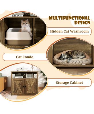 Cat Litter Box Enclosure w/ Double Barn Doors Divider Side Entry Storage Shelf