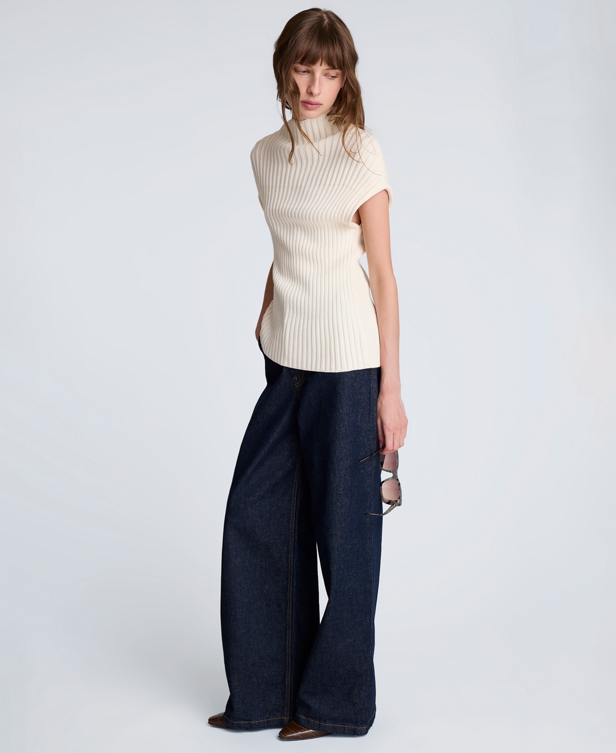 Kenneth Cole Asymmetrical Ribbed Mock Neck Sweater In White