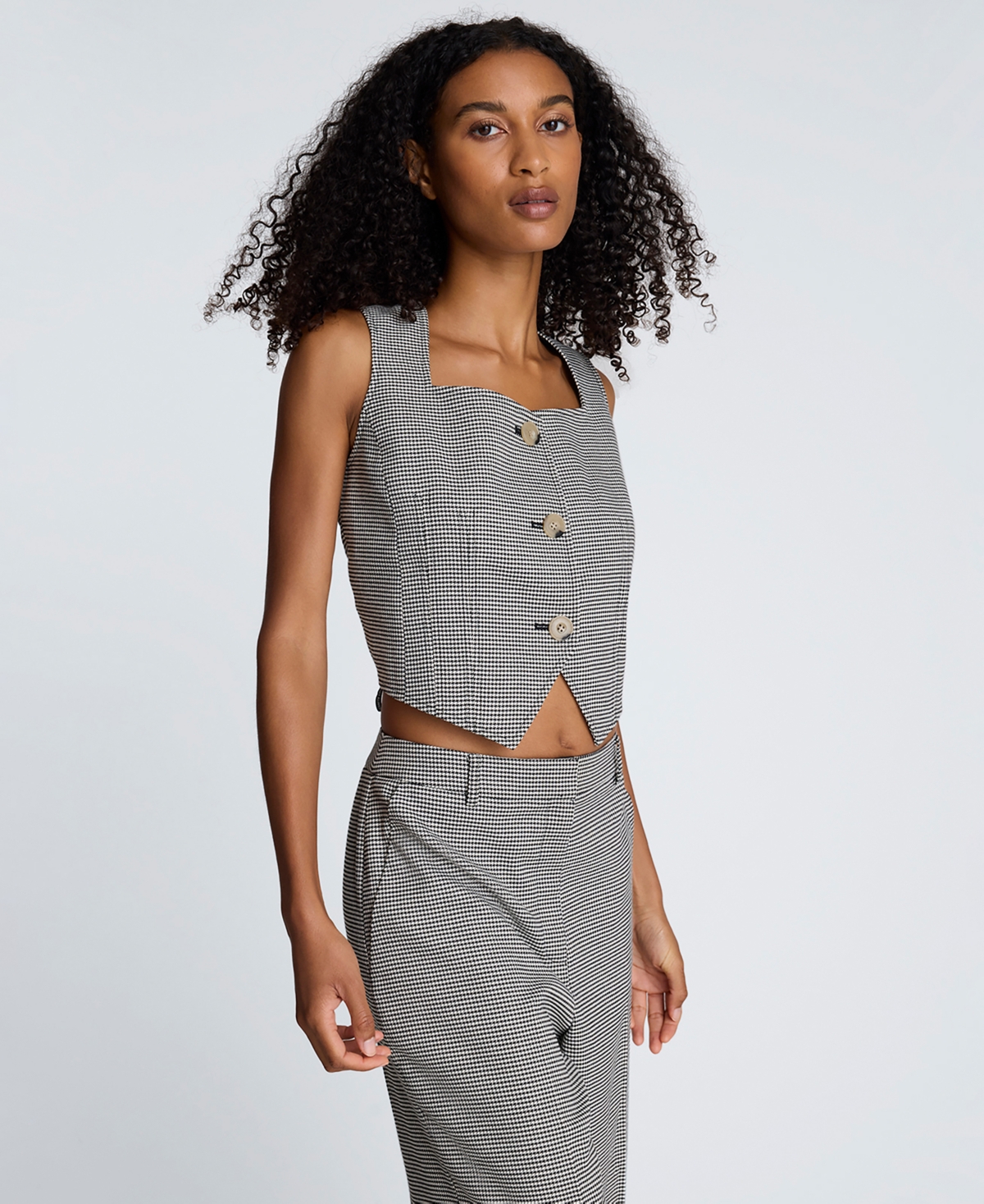 Kenneth Cole Women's Houndstooth Cropped Fitted Bodice Vest In Gray