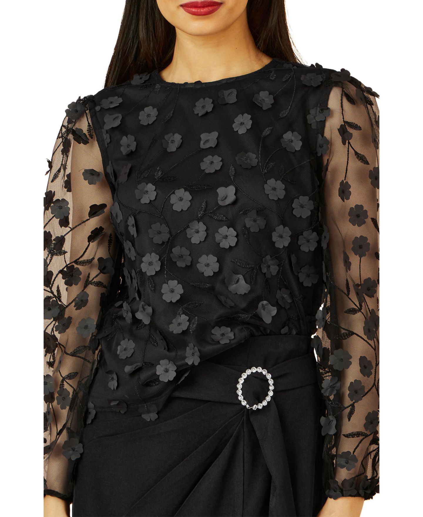 Женский топ Yumi Long Sleeve Sheer Floral, цвет: Чёрный — фото 8