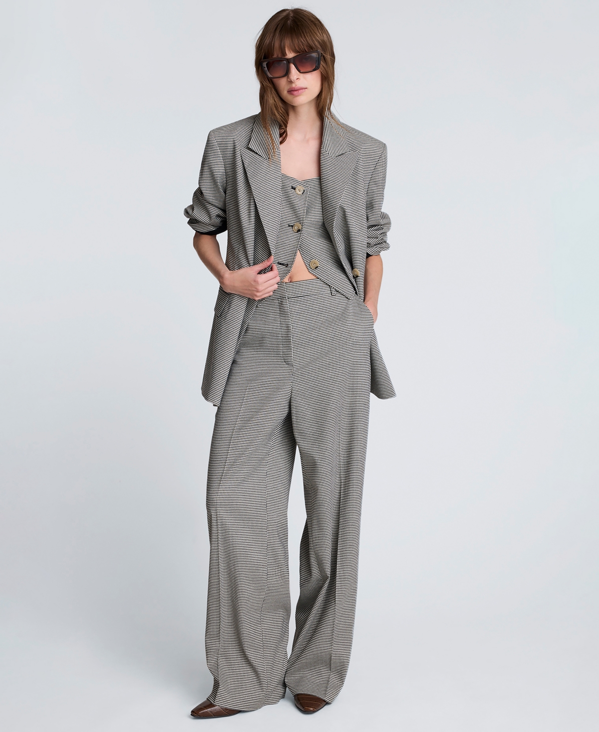 Kenneth Cole Women's Houndstooth Boyfriend Wide Leg Pants In Gray