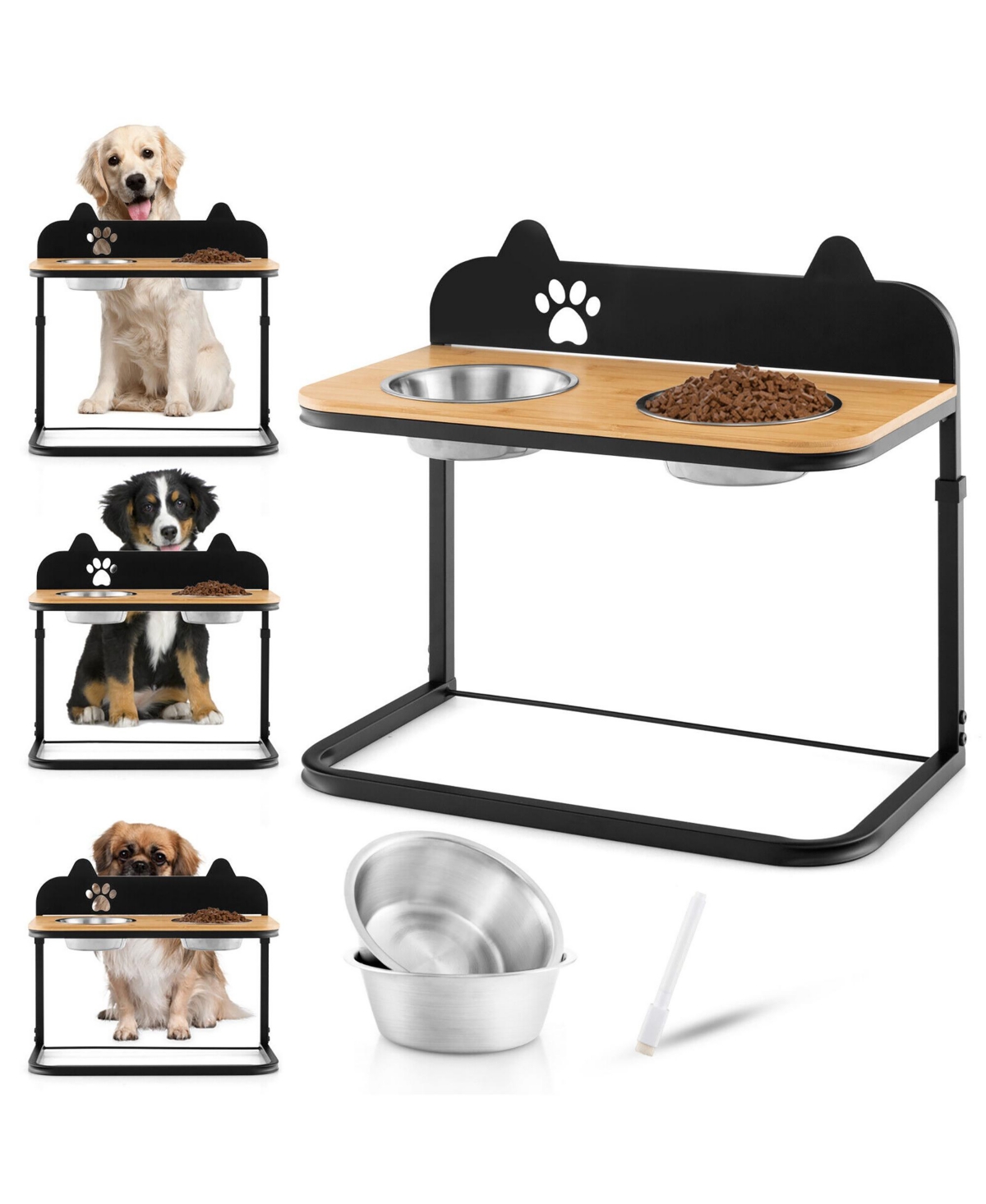Gymax Elevated Dog Bowls 3 Adjustable Heights with 2 Stainless Steel Food Water Bowls
