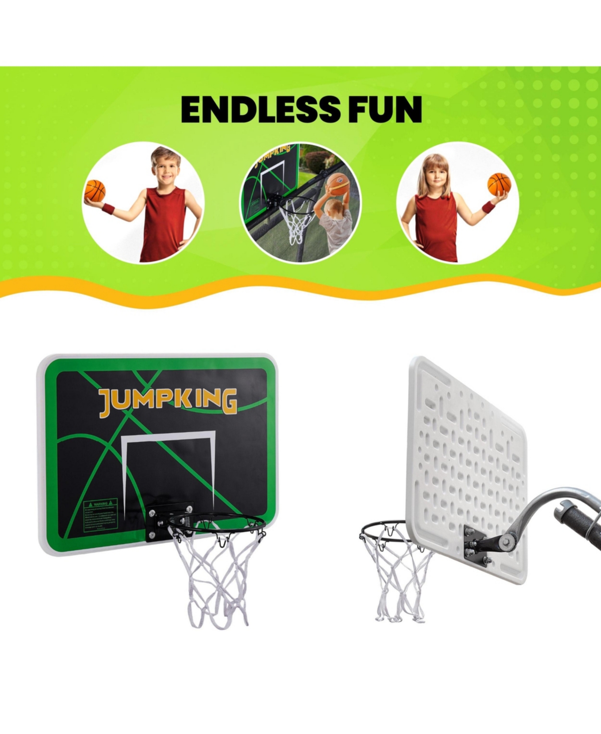 JumpKing Trampoline Basketball Hoop Set – 7.5" dia. Breakaway Metal Ring with Goose Neck Pole & Inflatable Mini Basketball Fits Most Trampoline Models