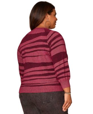 Plus Size 3/4-Blouson Raglan Sleeve Stripe Sweater