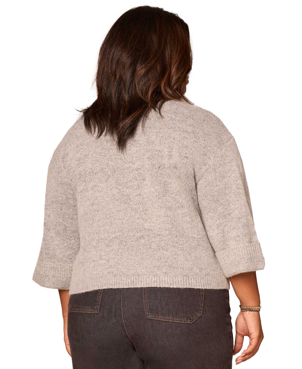 Democracy Plus Size Cuffed Long-sleeve Floral Jacquard Sweater In Gray