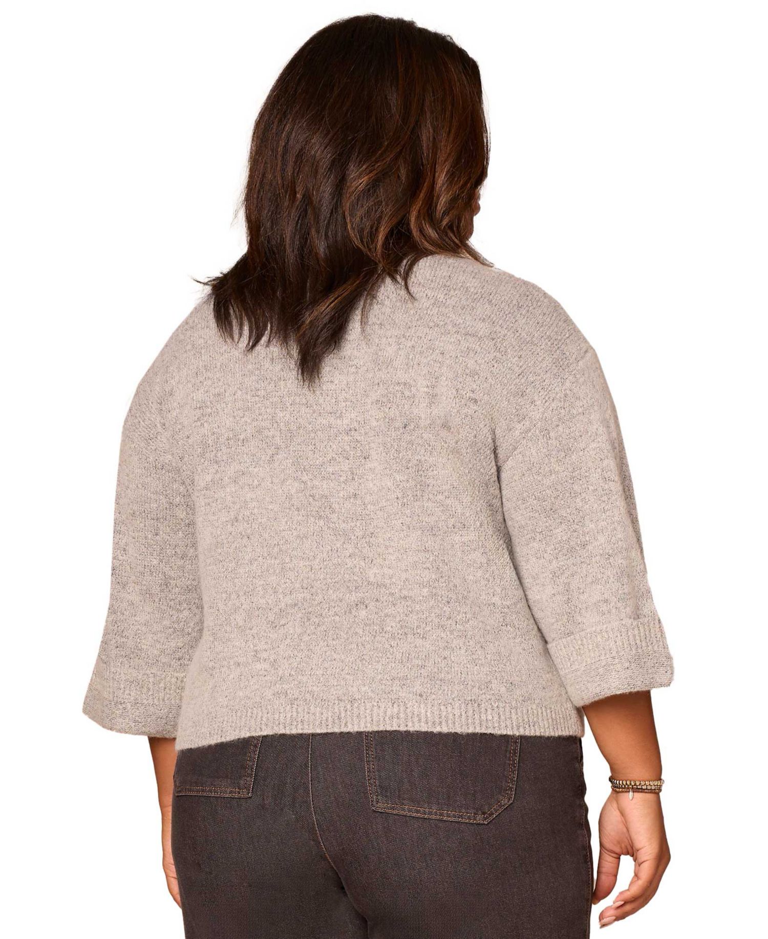 Plus Size Cuffed Long-Sleeve Floral Jacquard Sweater