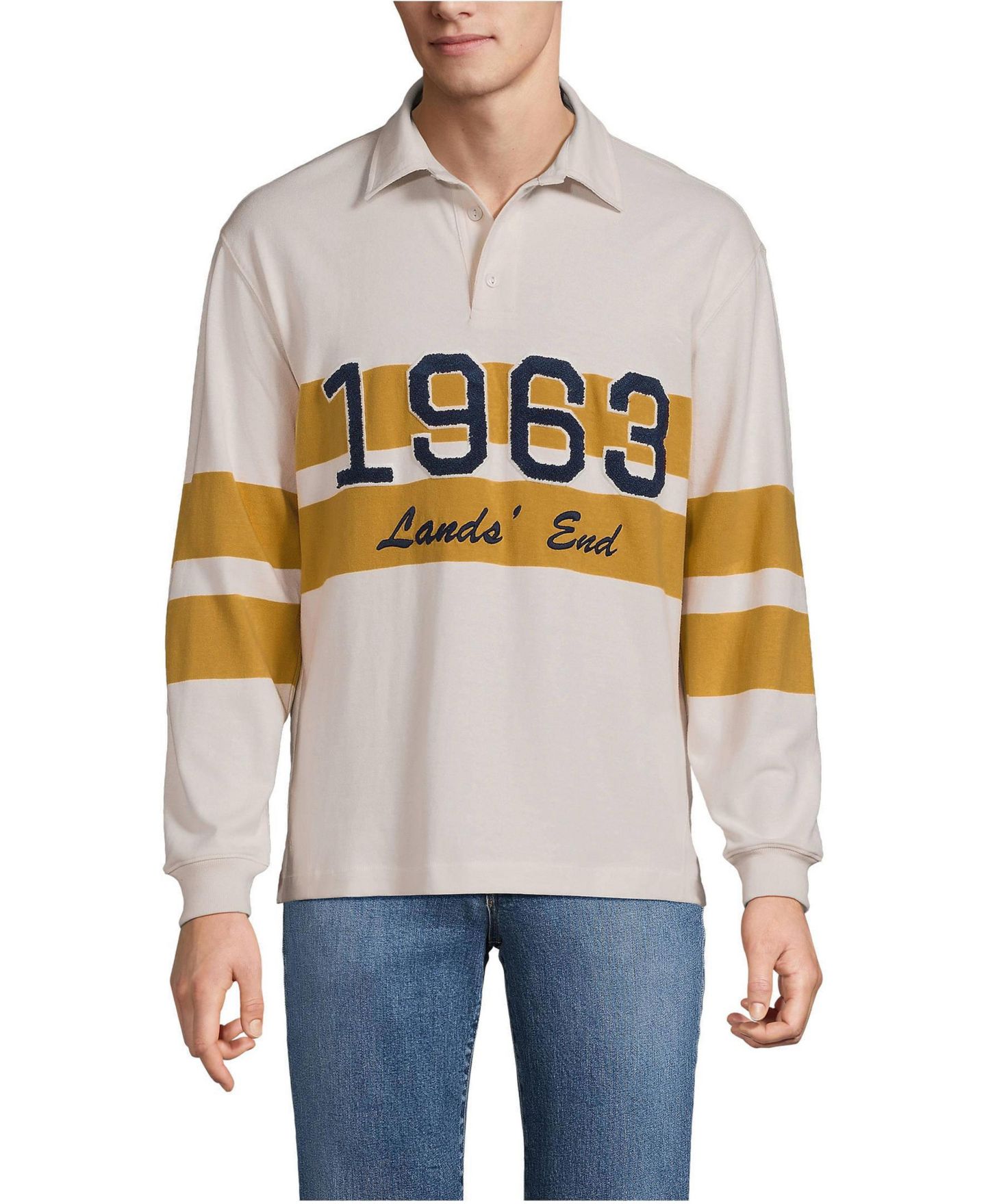 Мужское поло Lands' End Long Sleeve Rugged Rugby Embroidered Polo, цвет: Слоновая кость латте — фото 1