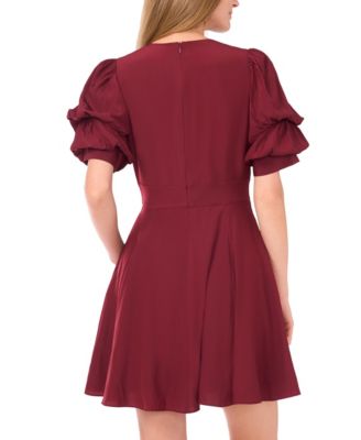 Women's V-Neck Short Bubble Sleeve Mini Dress