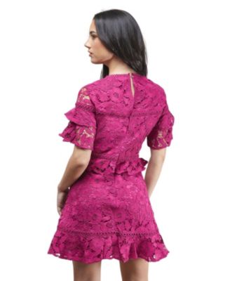 Women's Lace Trim Detail Frill Sleeve Mini Dress