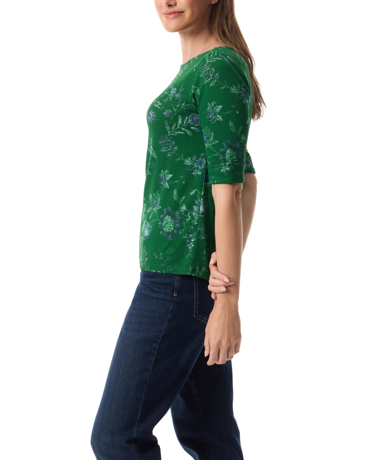 Gloria Vanderbilt Women's Alanis Printed Cuffed-sleeve T-shirt In Green