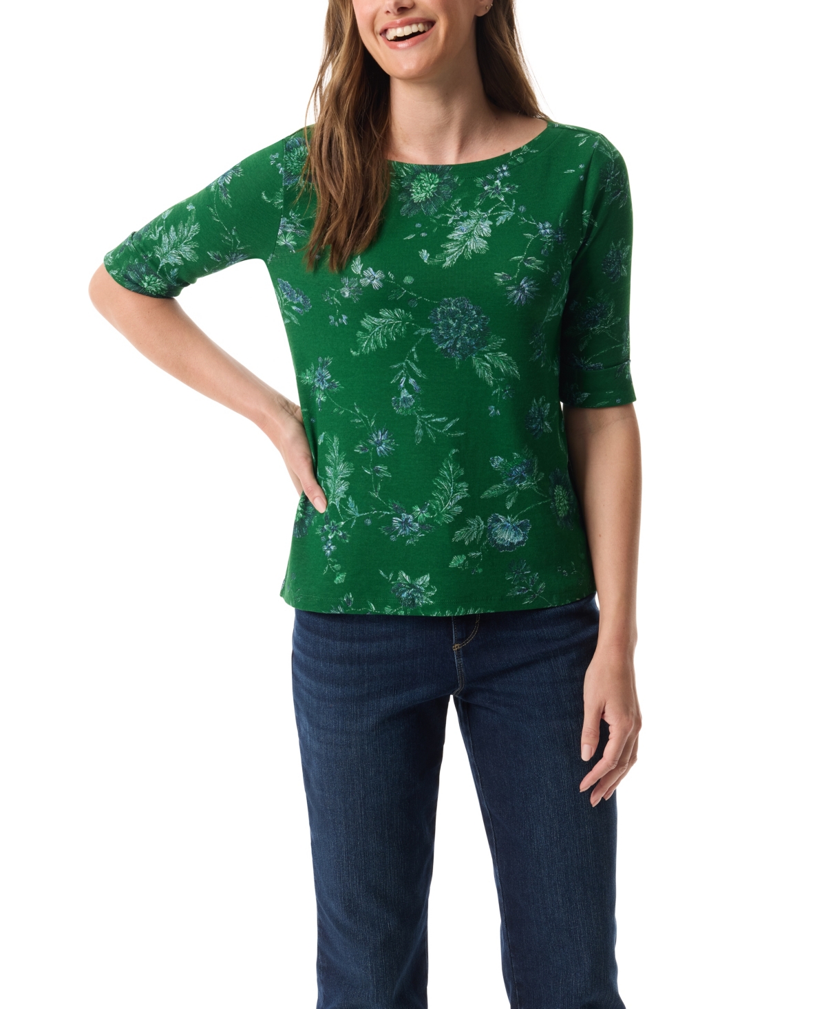 Gloria Vanderbilt Women's Alanis Printed Cuffed-sleeve T-shirt In Green