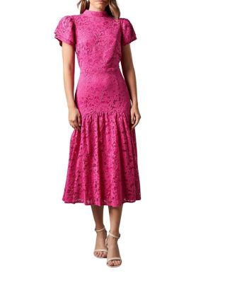 Women's Lace Frill Sleeve High Neck Midi Dress