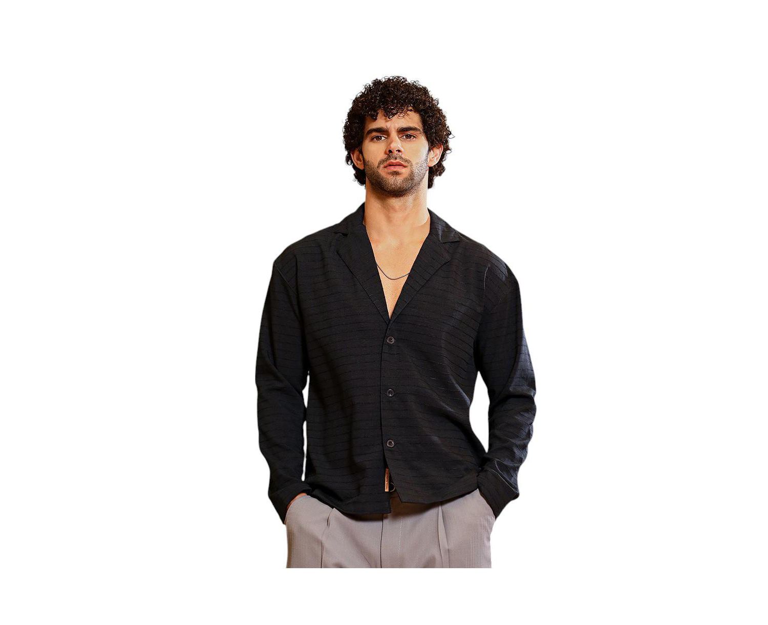 Men's Onyx Black Striped Cuban Shirt