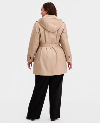 Plus Size Single-Breasted Hooded Belted Trench Coat