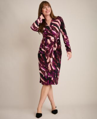 Women's Side Tie Wrap Long-Sleeve Midi Dress