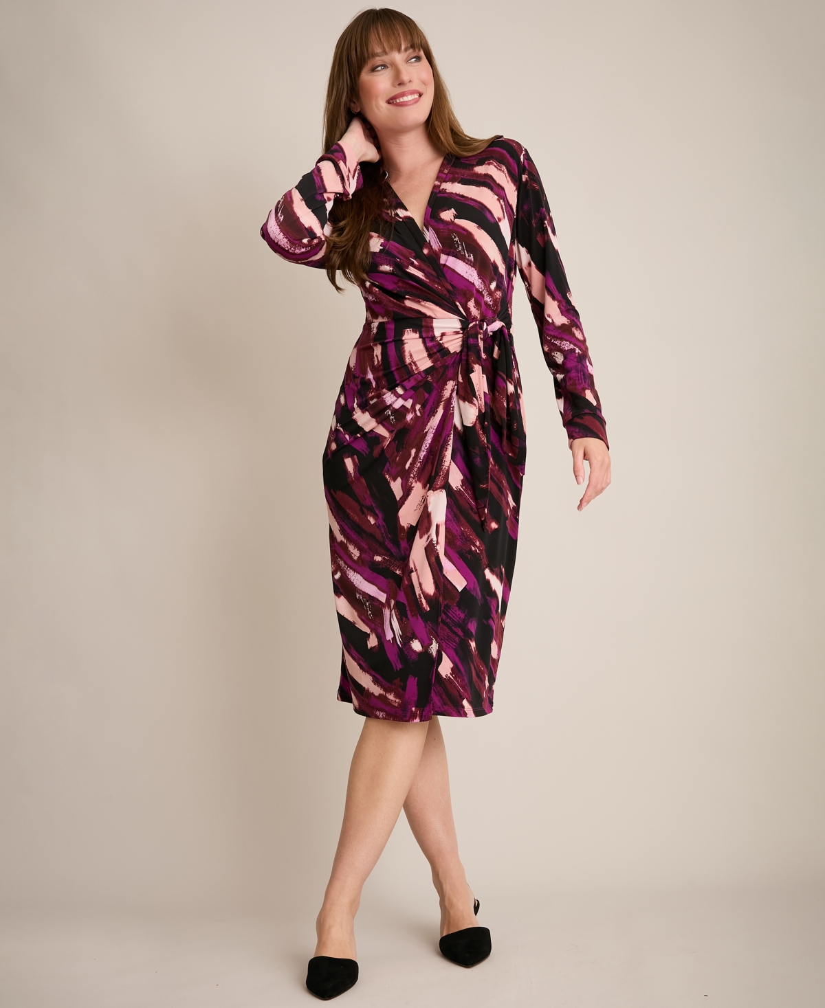 London Times Women's Side Tie Wrap Long-Sleeve Midi Dress