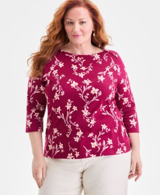 Women's Printed Pima Cotton 3/4 Sleeve Boat-Neck Top