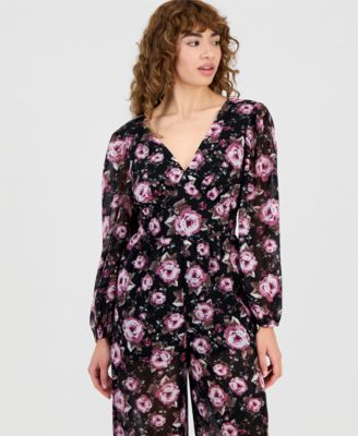 Petite Floral V-Neck Long-Sleeve Jumpsuit, Macy's Exclusive 