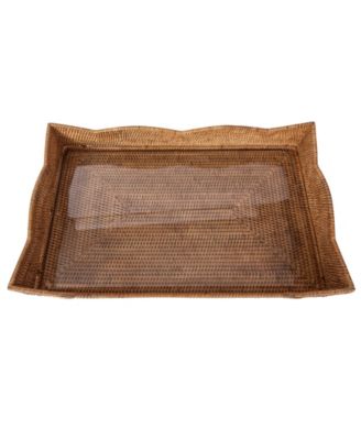 Artifacts Trading Company Rattan Scallop Design Breakfast Tray with Wooden Legs & Glass Insert