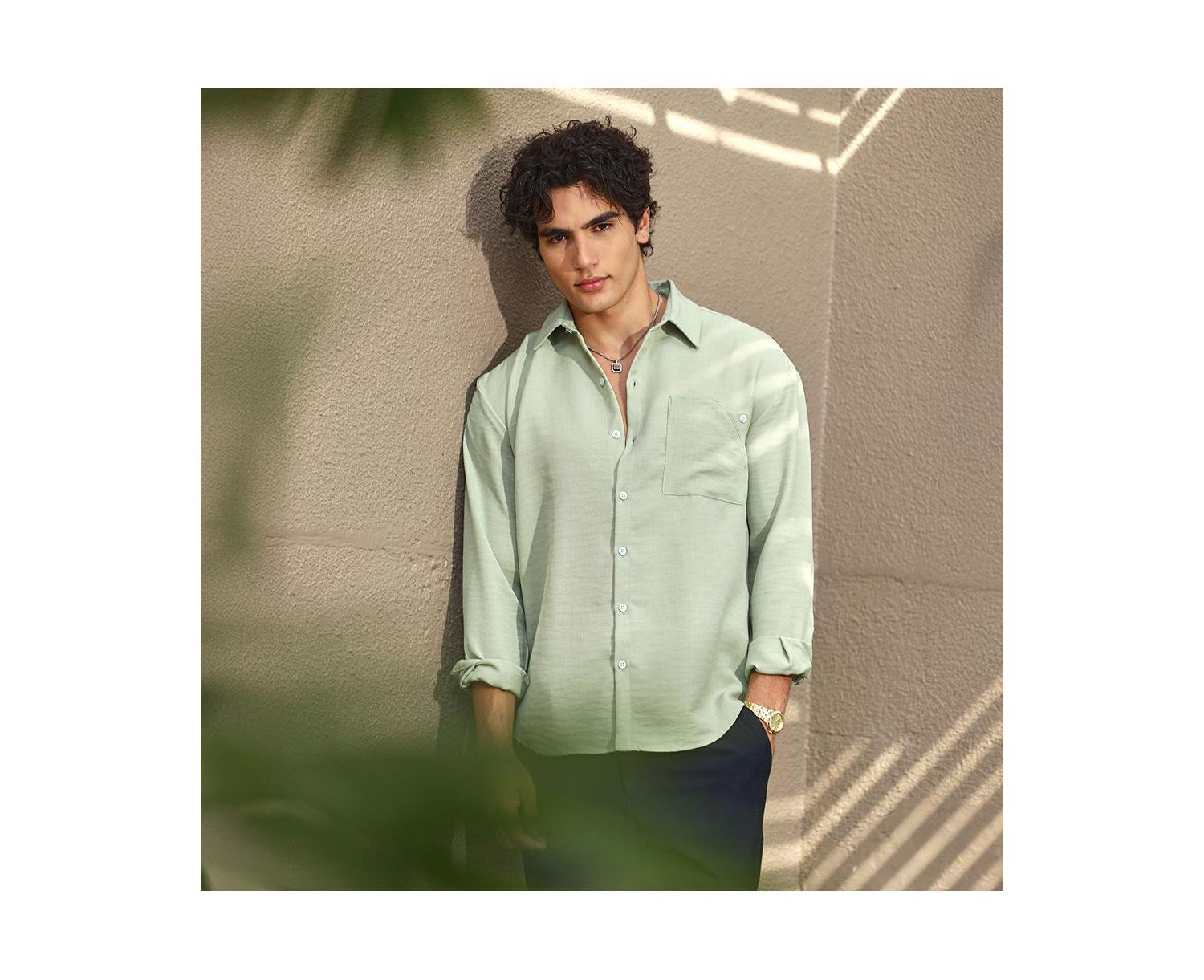Men's Sage Green Modular Solid Oversized Shirt