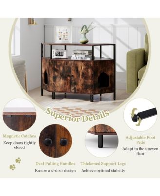 Corner Cat Litter Box Enclosure End Table w/ Open Shelf 2 Entries Double Doors