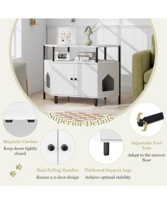 Corner Cat Litter Box Enclosure End Table w/ Open Shelf 2 Entries Double Doors