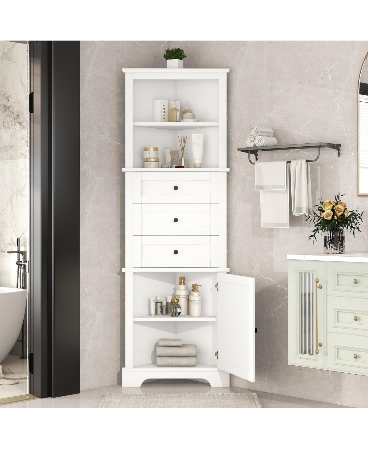 Boyel Living White Triangle Tall Cabinet with 3 Drawers and Adjustable Shelves for Bathroom, Kitchen or Living Room, Mdf Board with Painted Finish