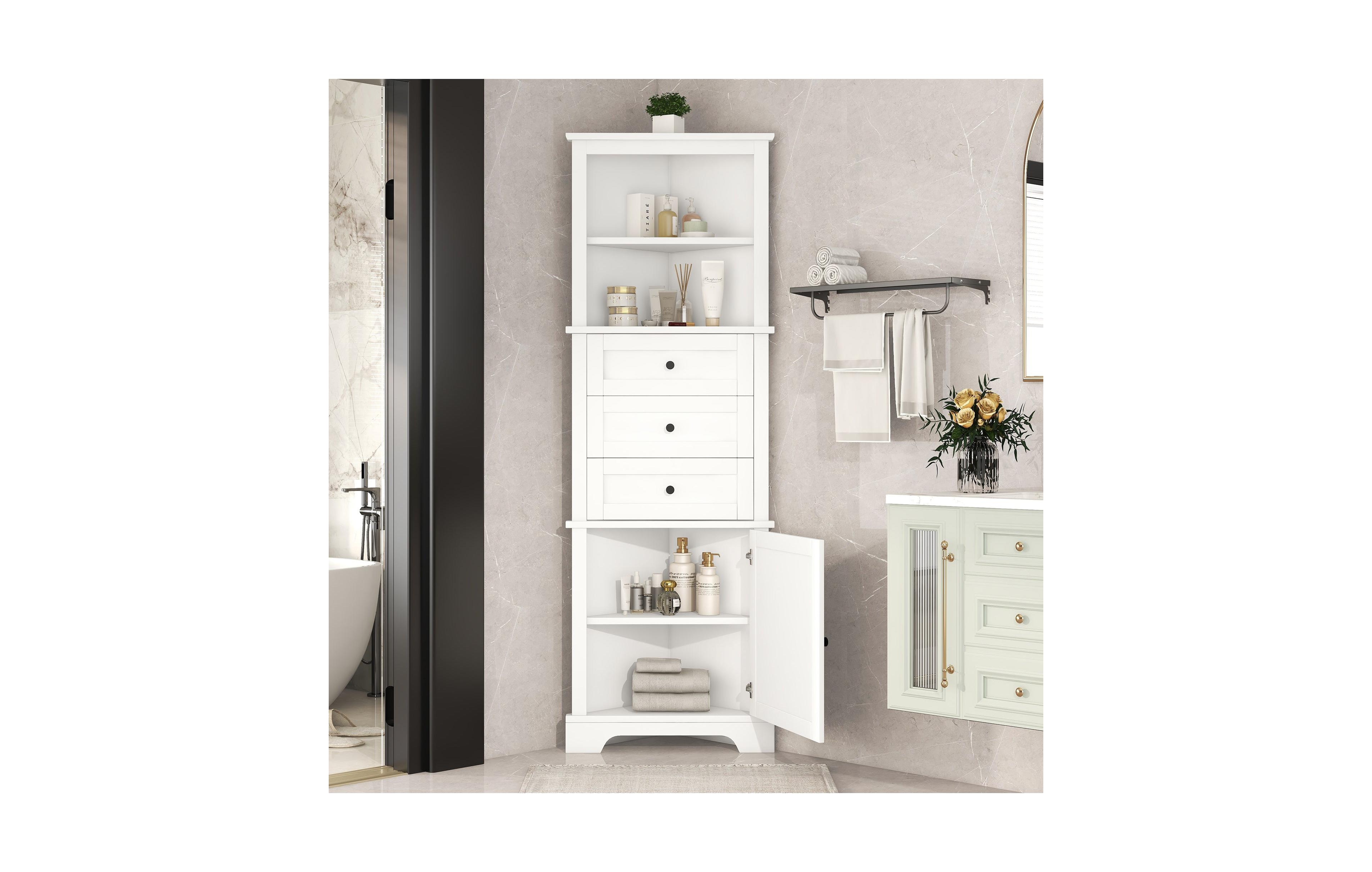 Boyel Living White Triangle Tall Cabinet with 3 Drawers and Adjustable Shelves for Bathroom, Kitchen or Living Room, Mdf Board with Painted Finish