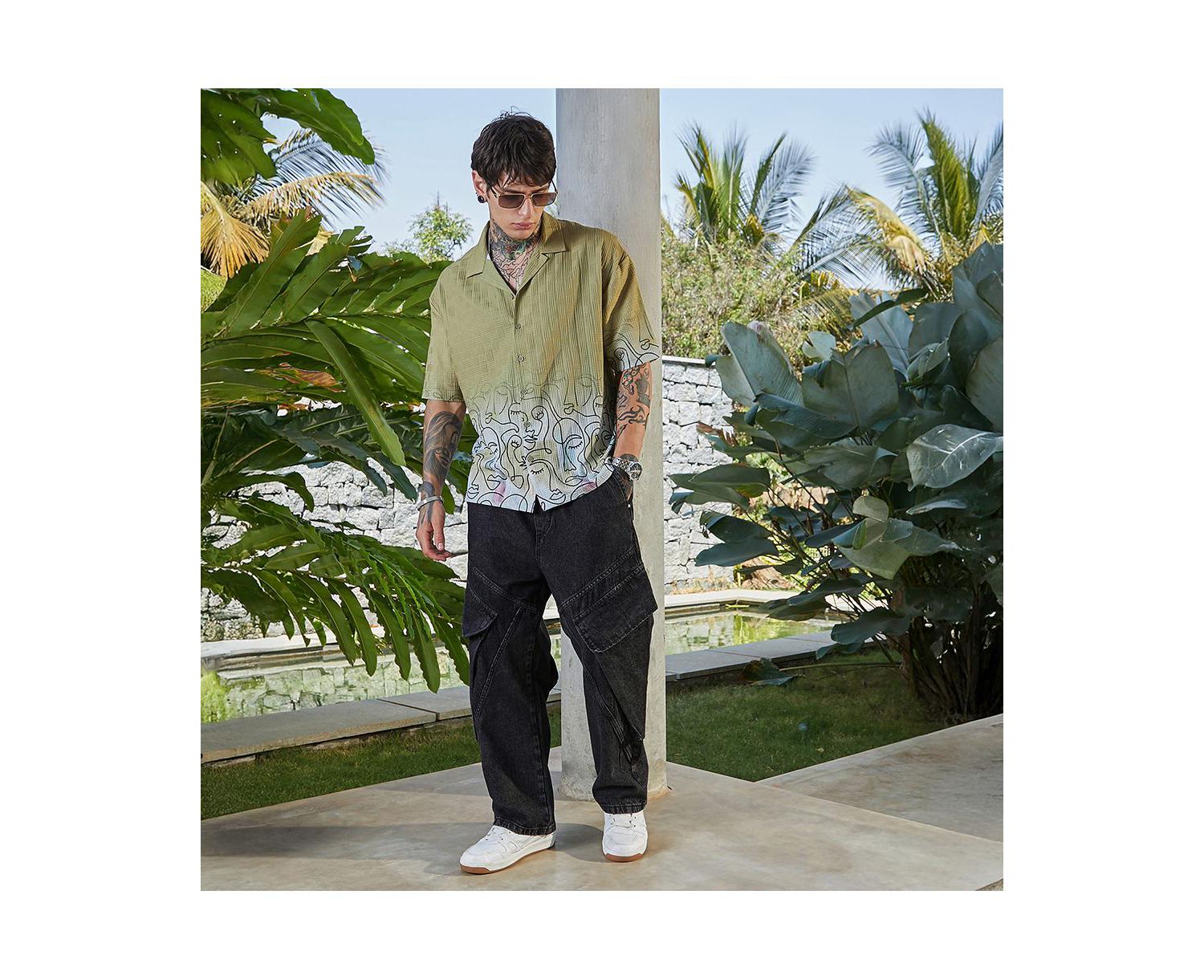 Men's Pistachio Green Faces-Ombre Oversized Shirt