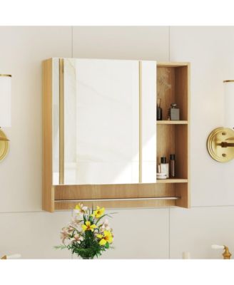 1Pc Wall-Mounted Mirror Cabinet with 4 Compartments, Towel Rack & Adjustable Shelves – Bathroom Medicine Organizer