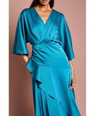 Women's Satin Crepe Ruffle Wrap Midi Dress