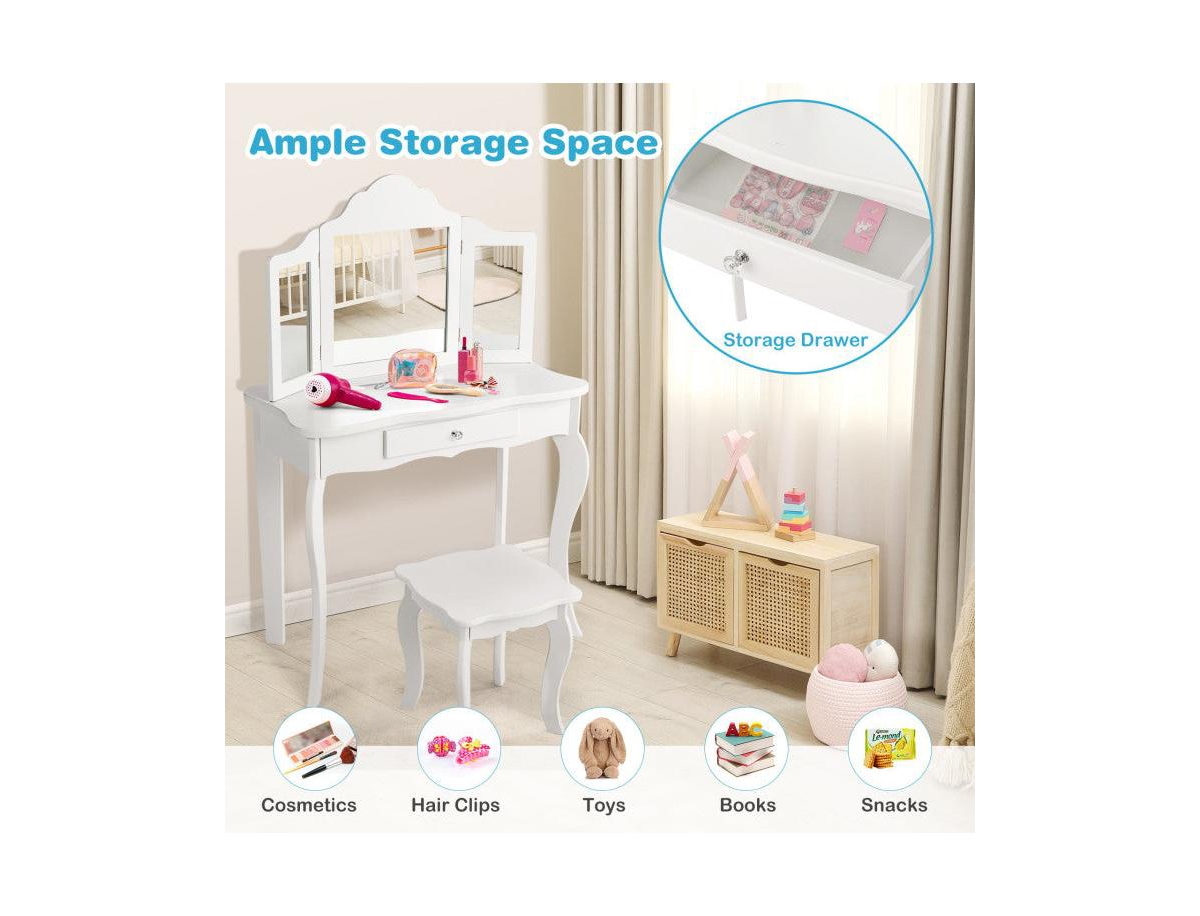 Boyel Living 1Pc Tri-Folding Mirror, Detachable Top, Drawer & Stool Kids Vanity Set
