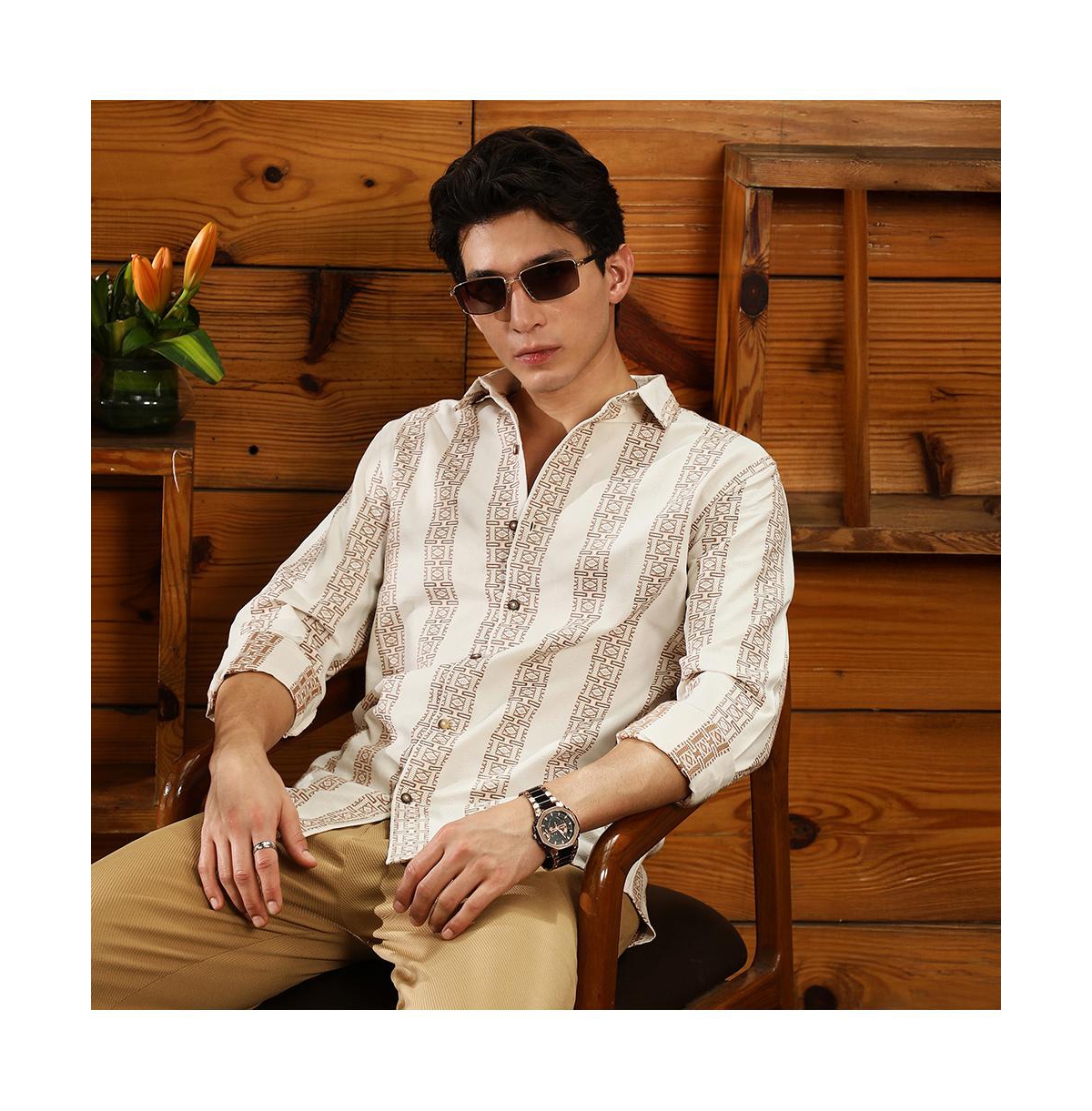 Campus Sutra Men's Ash Brown & Off-White Indie-Stripe Jacquard Shirt
