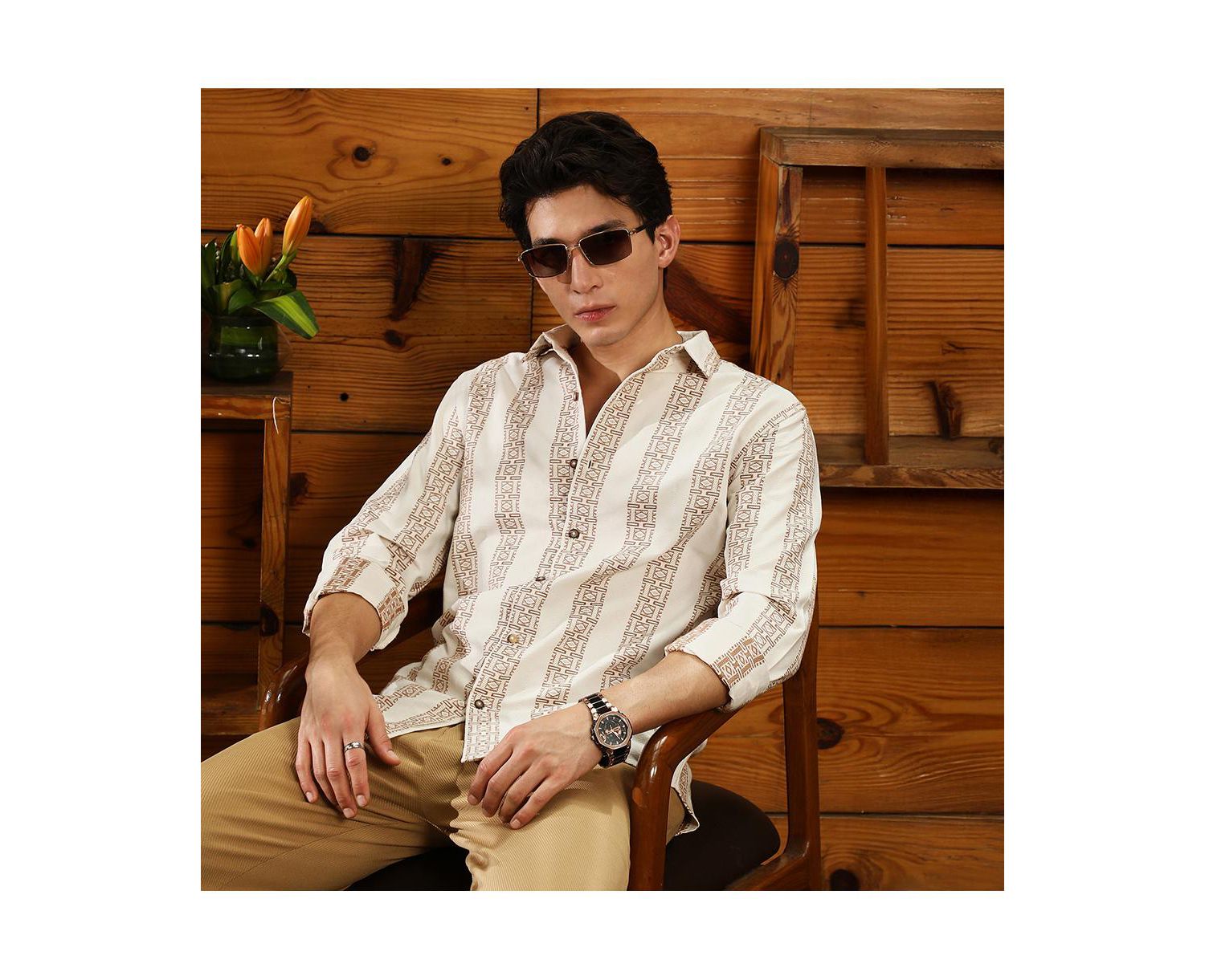 Men's Ash Brown & Off-White Indie-Stripe Jacquard Shirt